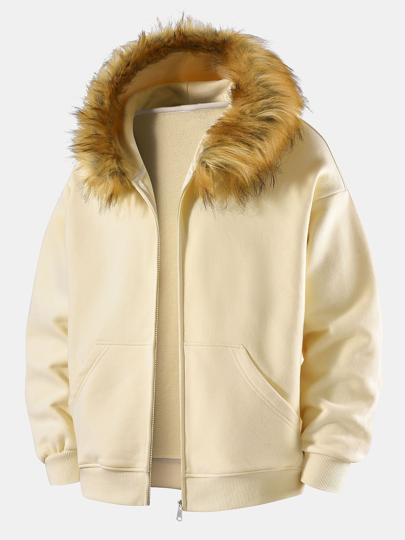 Relax Fit Faux Fur Collar Zip-Up Hoodie