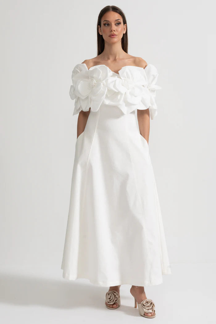 Off-Shoulder Midi Dress With Large Fabric Floral Accents