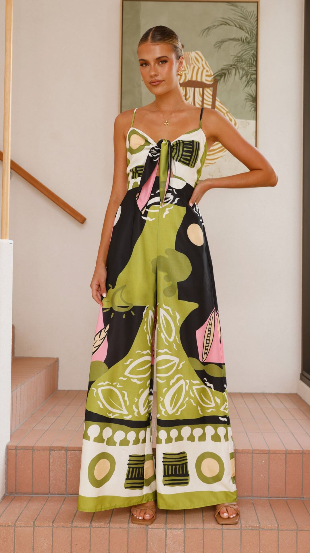 Unique Painted Print Suspenders Wide-leg Jumpsuit