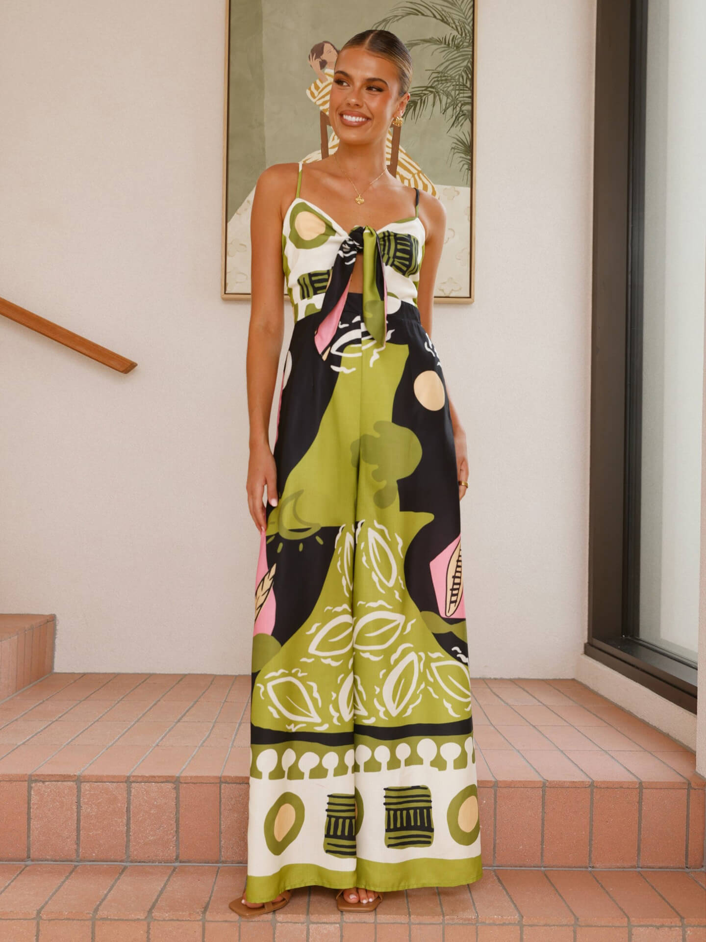 Unique Painted Print Suspenders Wide-leg Jumpsuit