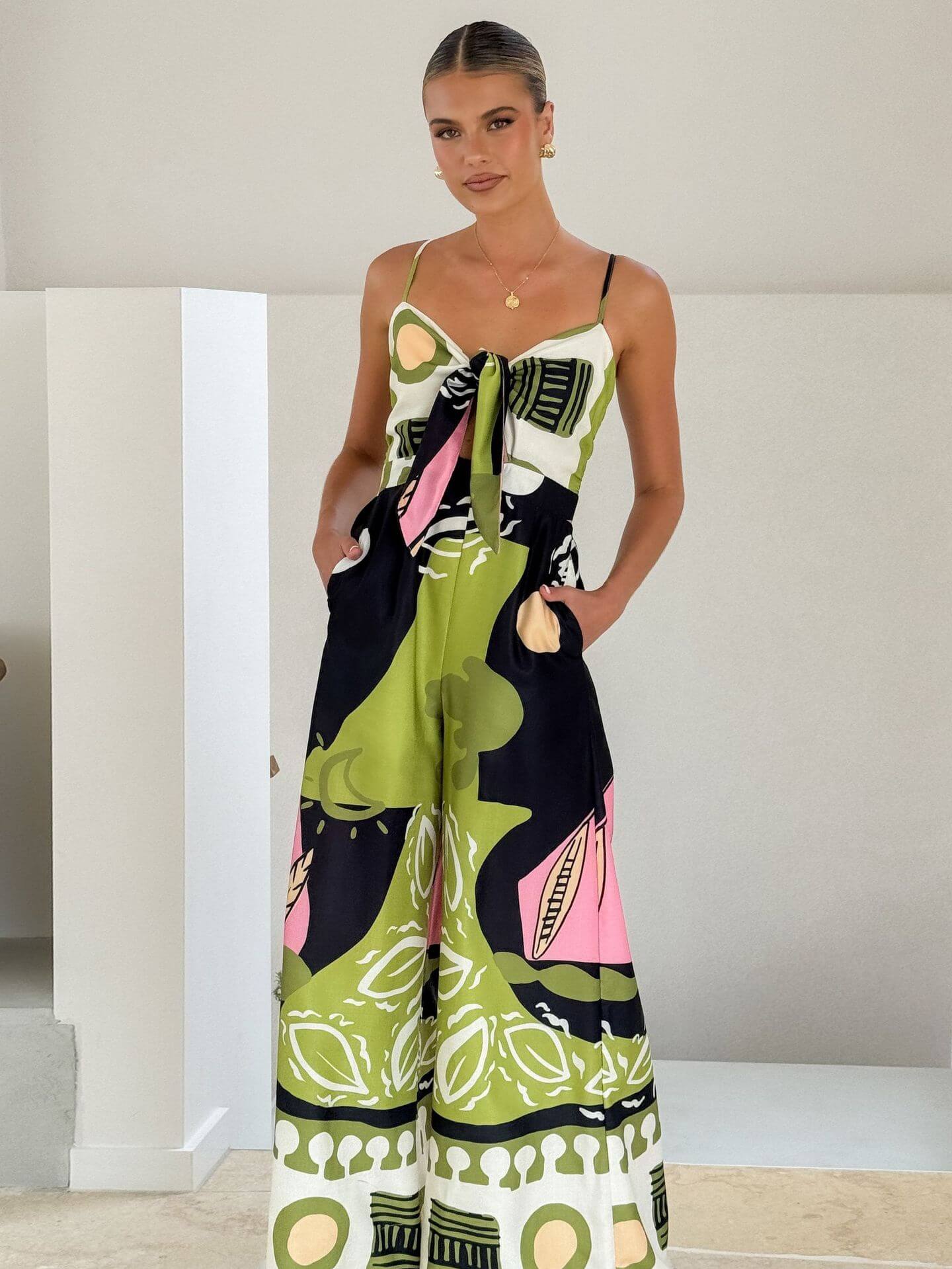 Unique Painted Print Suspenders Wide-leg Jumpsuit