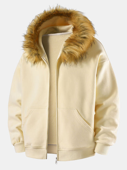 Relax Fit Faux Fur Collar Zip-Up Hoodie