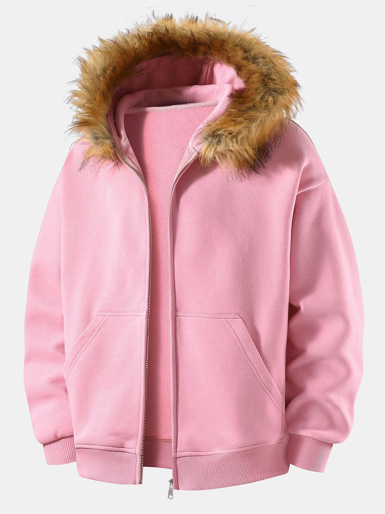 Relax Fit Faux Fur Collar Zip-Up Hoodie