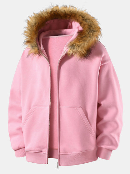 Relax Fit Faux Fur Collar Zip-Up Hoodie