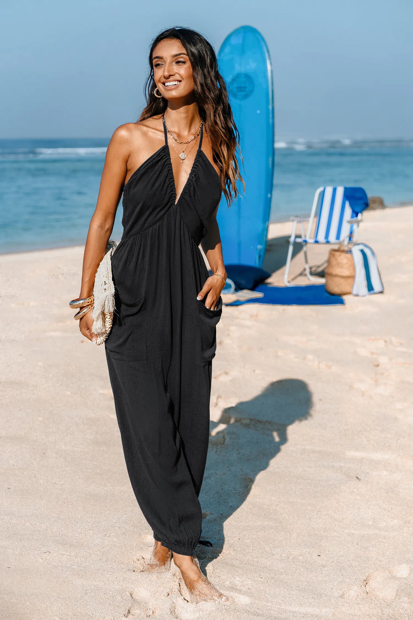 Blush Plunging Halterneck Pocket Jumpsuit