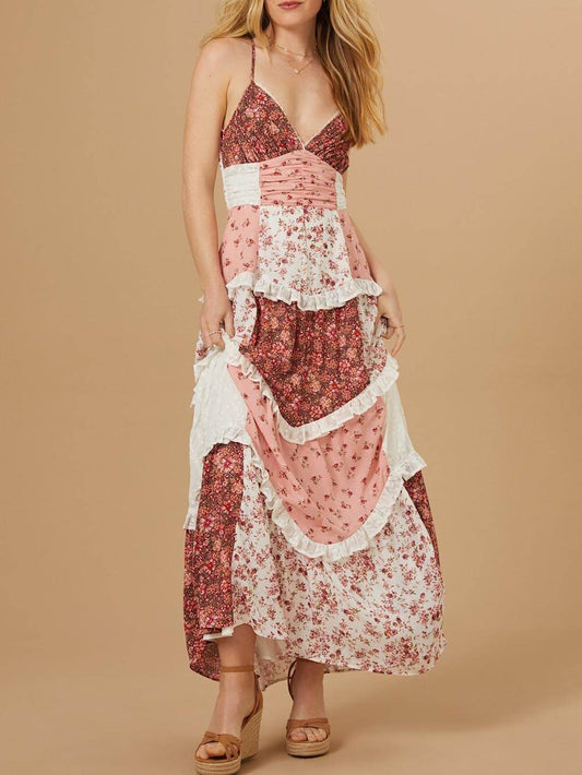 Cottagecore Patchwork Tiered Floral Maxi Dress