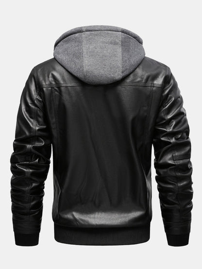 2 In 1 PU Leather Jacket With Detachable Hood