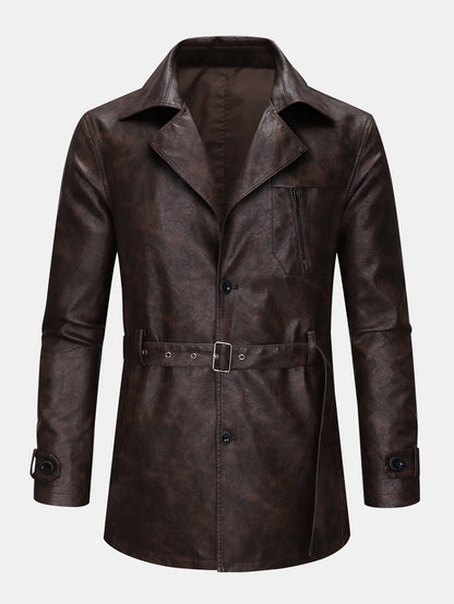 Long Line PU Leather Trench Coat