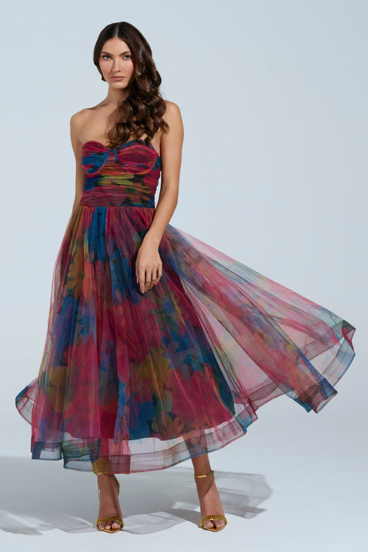 Elegant Fantasy Tulle Floral Print Midi Dress