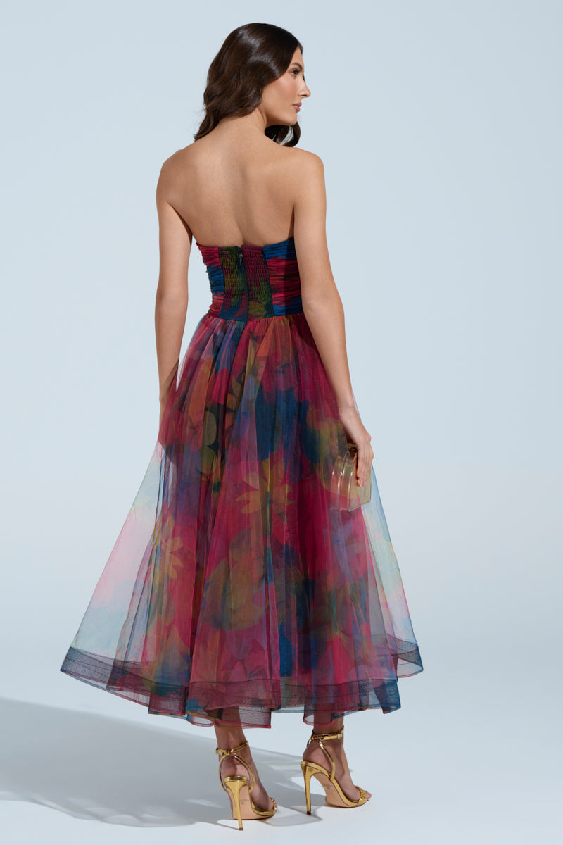 Elegant Fantasy Tulle Floral Print Midi Dress