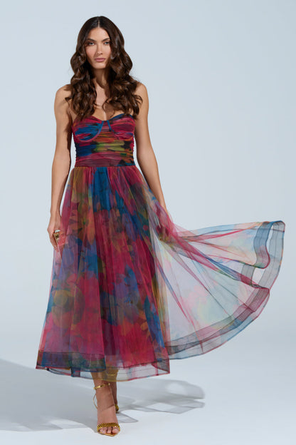 Elegant Fantasy Tulle Floral Print Midi Dress