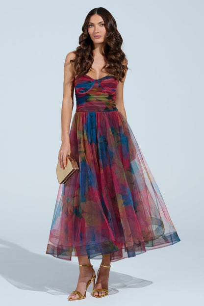 Elegant Fantasy Tulle Floral Print Midi Dress