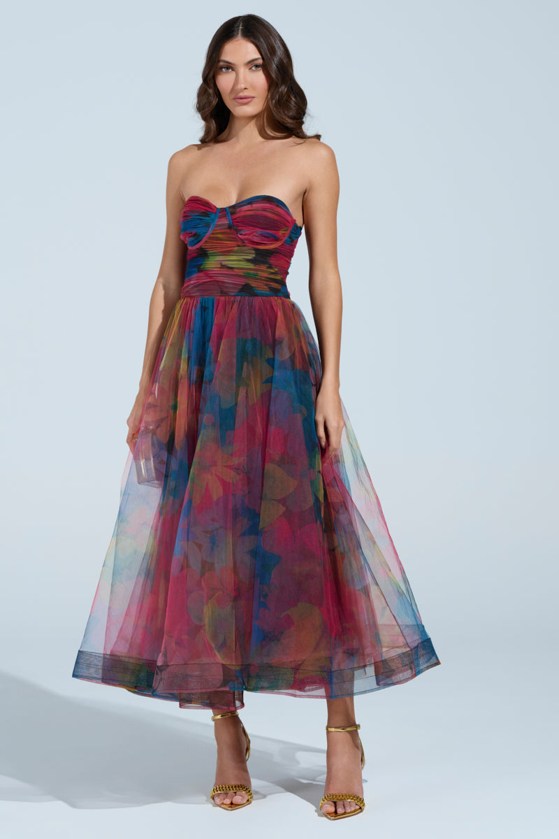 Elegant Fantasy Tulle Floral Print Midi Dress