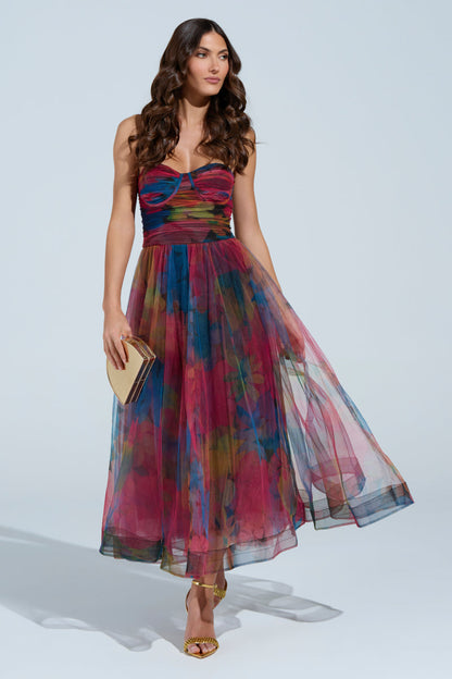 Elegant Fantasy Tulle Floral Print Midi Dress