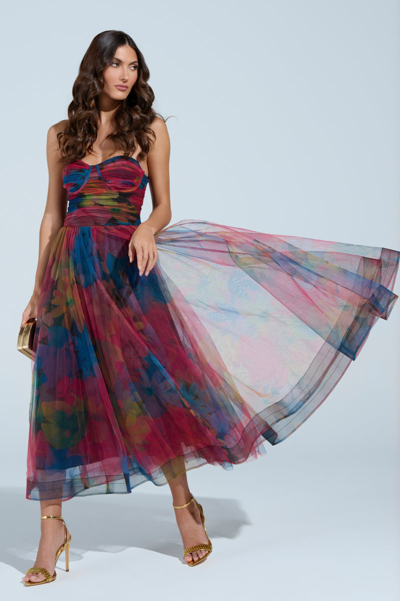 Elegant Fantasy Tulle Floral Print Midi Dress