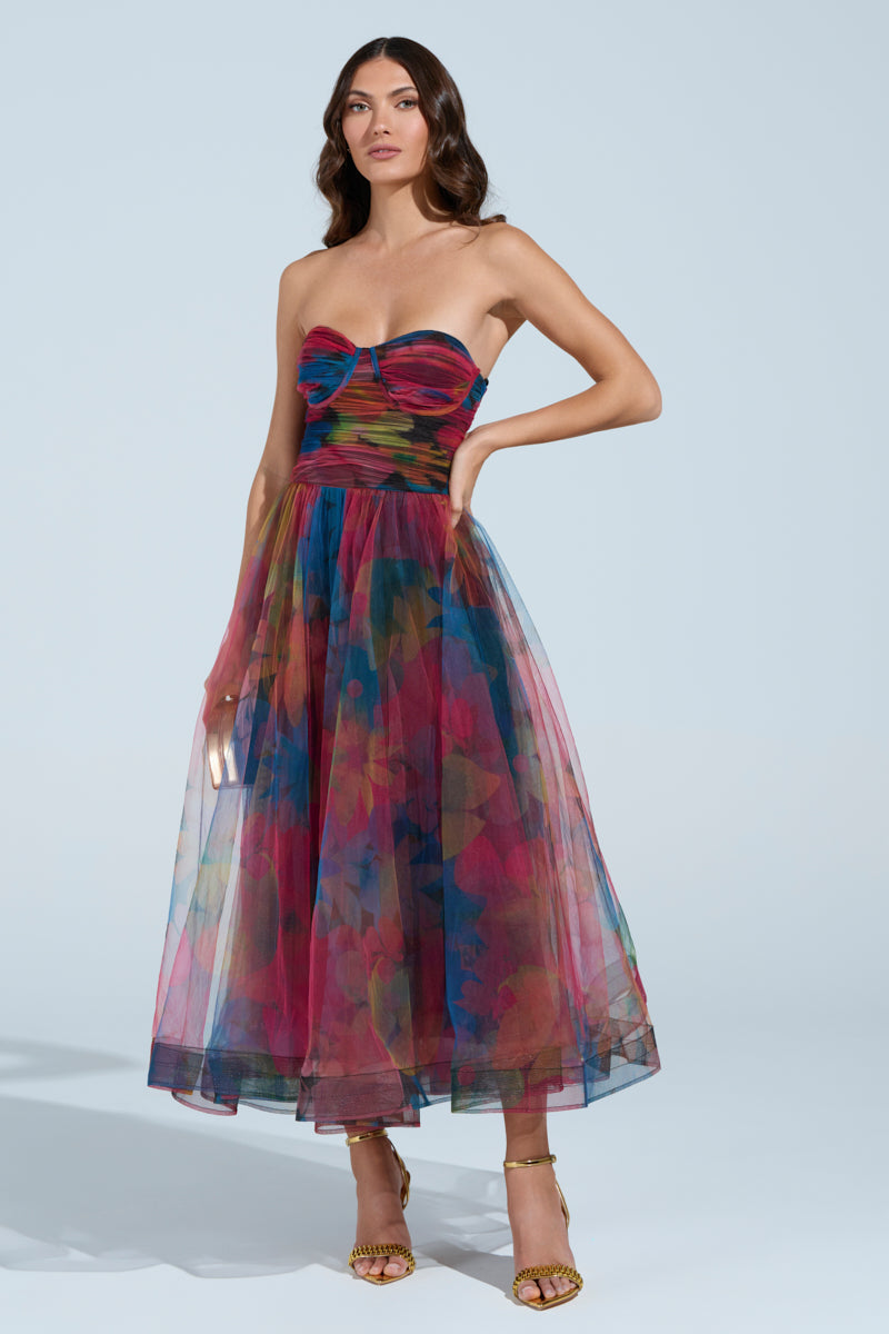 Elegant Fantasy Tulle Floral Print Midi Dress