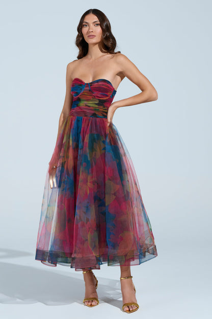 Elegant Fantasy Tulle Floral Print Midi Dress