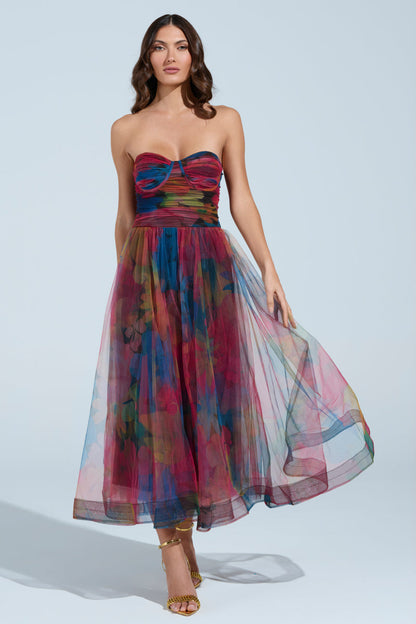 Elegant Fantasy Tulle Floral Print Midi Dress