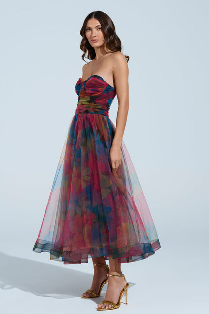 Elegant Fantasy Tulle Floral Print Midi Dress