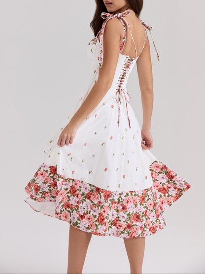 White Floral Print Stretch Cotton Midi Sundress