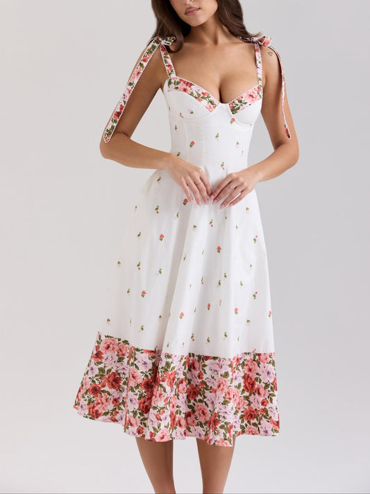 White Floral Print Stretch Cotton Midi Sundress