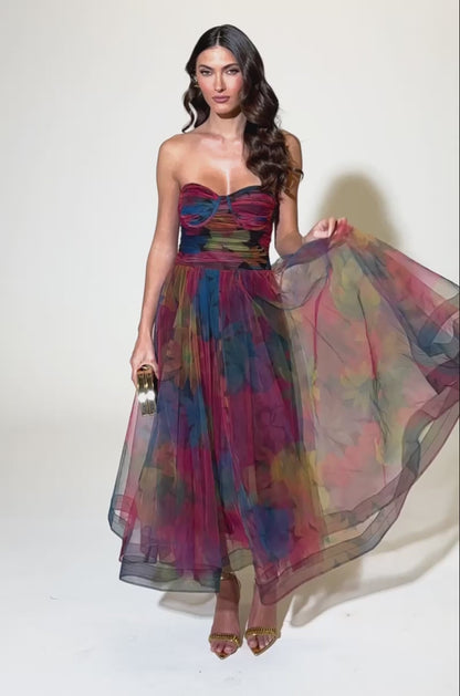 Elegant Fantasy Tulle Floral Print Midi Dress